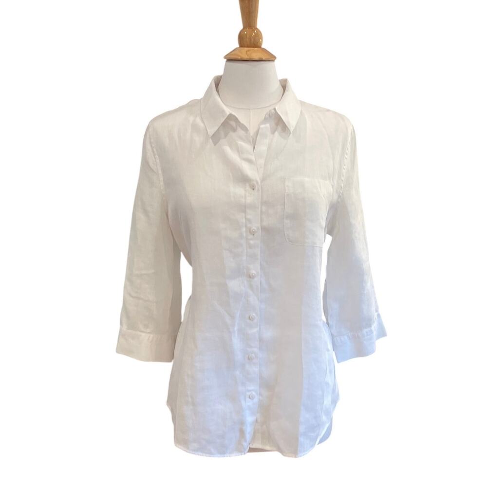 Chico's 2 White No-Iron 100% Linen Button Down Shirt, 3/4 Sleeves, Size Large
